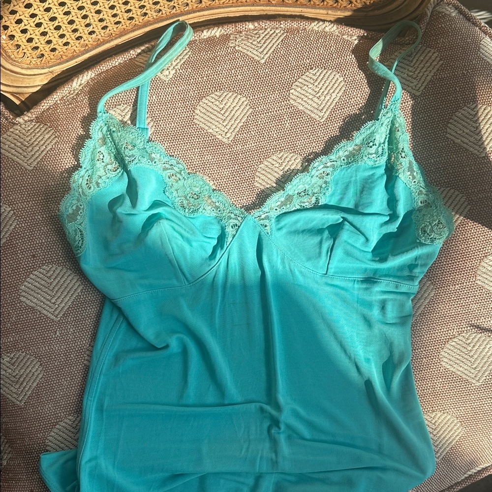 Vintage Camisole Top Turquoise rayon lace trim 1990s era slim fit Bra B approx